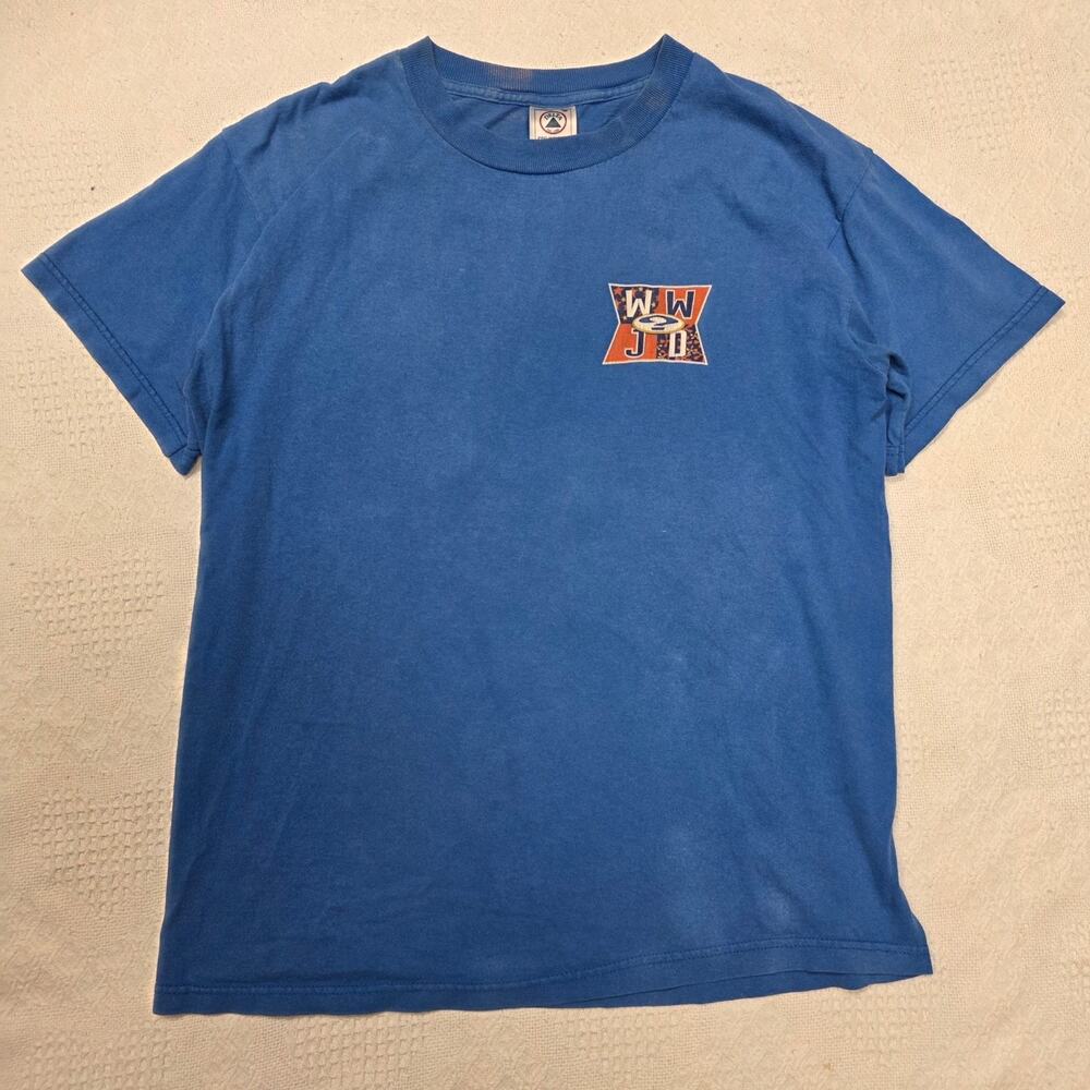 90s "WWJD?" Faded blue Jesus tee. Made in USA, good fades Front and back graphic